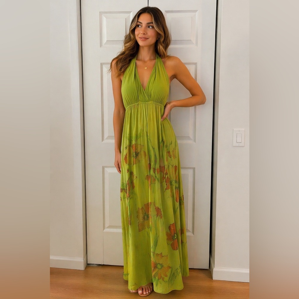 Faure Green Floral Halter Maxi Dress 1X Boho Sleeveless Empire Waist Summer